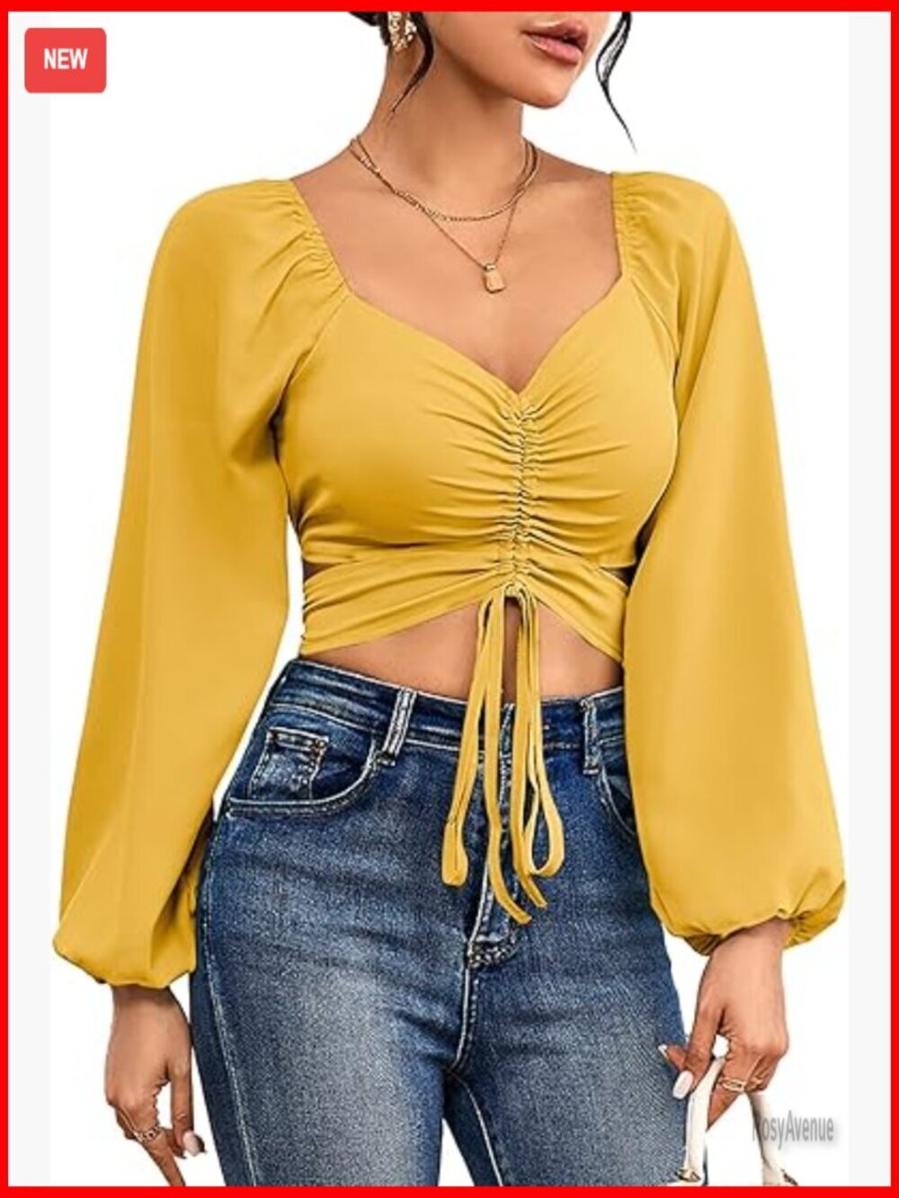 Drawstring V Neck Ruched Lantern Long Sleeve Tie Back Crop Top Blouse
